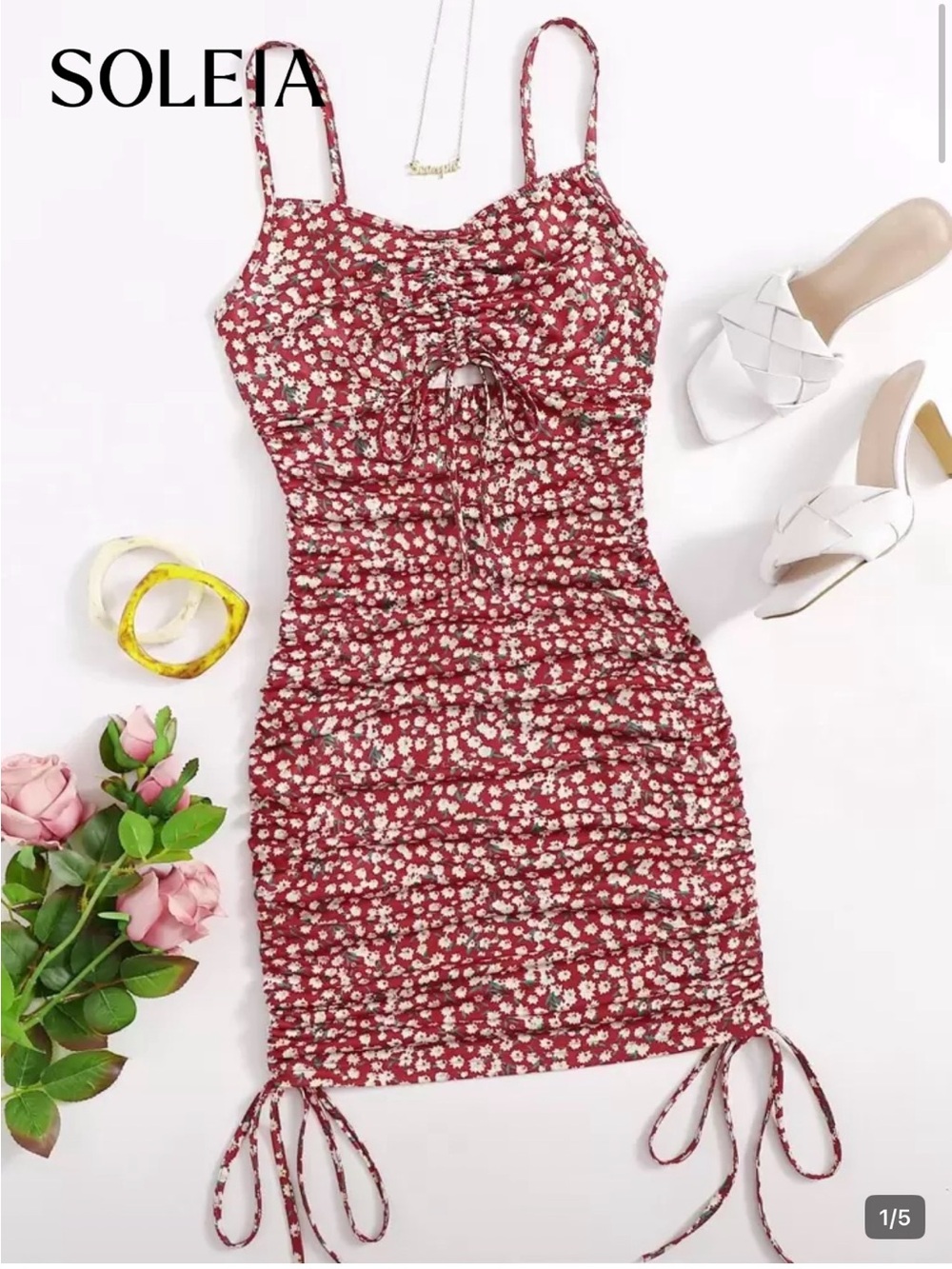 SHEIN Red Floral Ruched Drawstring Mini Dress